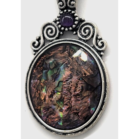 Kenneth Cole Abalone Shell Necklace Earrings Set Silver Tone Metal Swirl Ornate - Picture 8 of 17